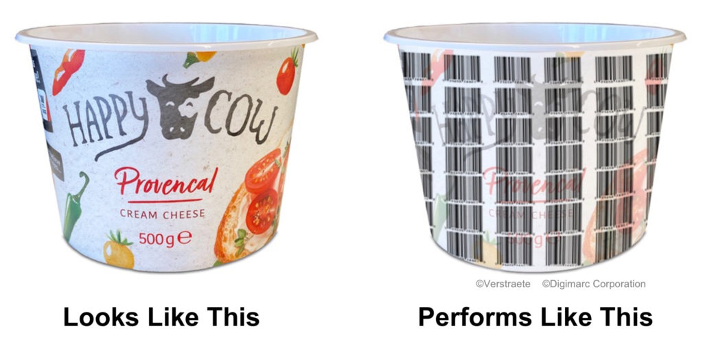 Visualization Digital Digimarc watermark on an IML packaging (cup) everywhere barcodes